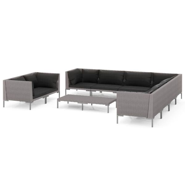 vidaXL 10 pcs conj. lounge jardim c/ almofad&otilde;es vime PE cinza-escuro