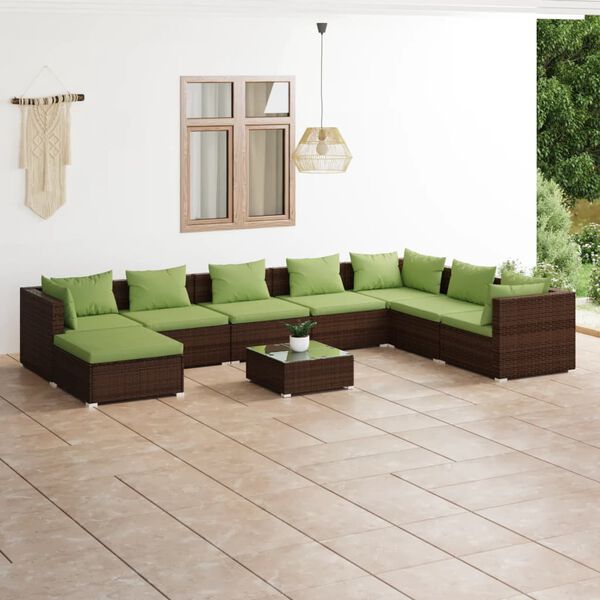 vidaXL 9 pcs conjunto lounge jardim c/ almofad&otilde;es vime PE castanho