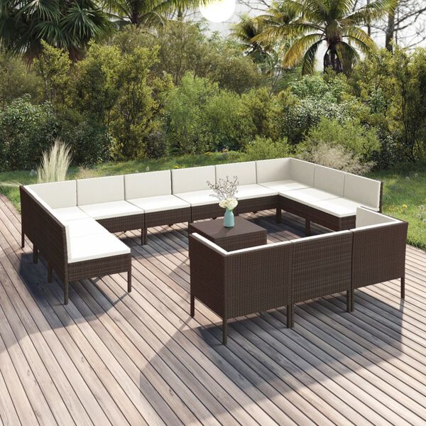 vidaXL 14 pcs conjunto lounge jardim c/ almofad&otilde;es vime PE castanho
