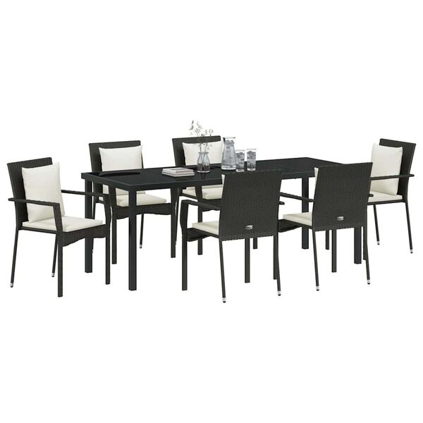 vidaXL Conjunto de Jantar para Jardim com almofada 7 pcs Preto vime PE