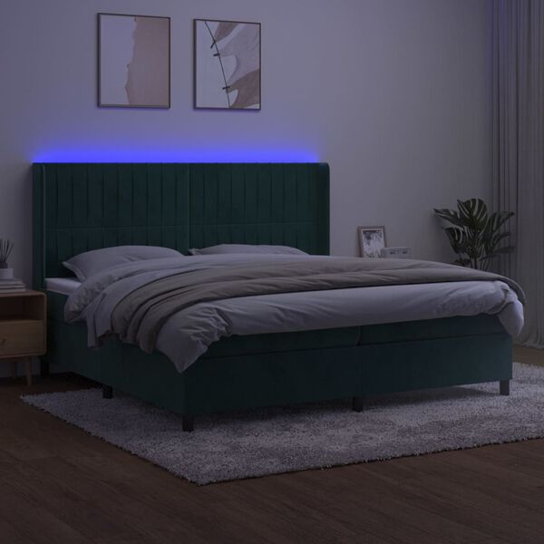 vidaXL Cama box spring c/ colch&atilde;o/LED 200x200 cm veludo verde-escuro