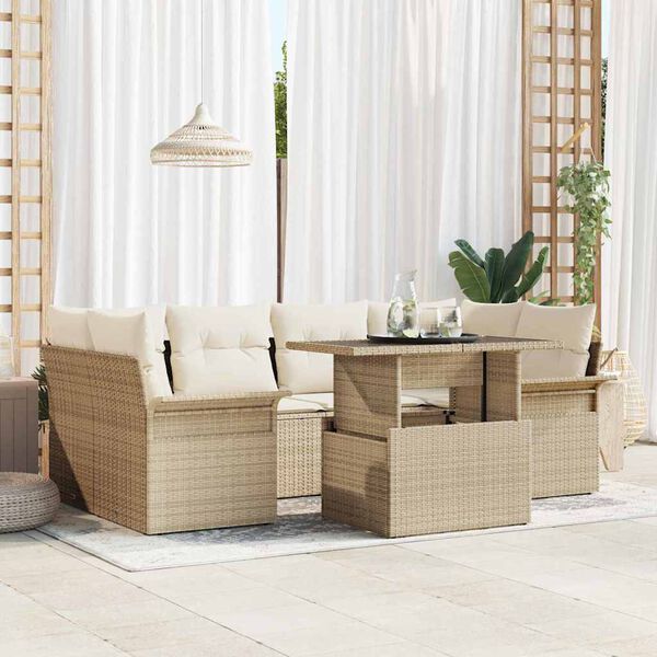 vidaXL Conjunto de Sof&aacute; de Jardim 7 pcs Bege Rattan de Polipropileno