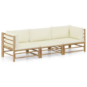 vidaXL 3 pcs conj. lounge p/ jardim em bambu c/ almofadões branco nata