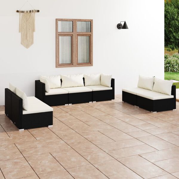 vidaXL 7 pcs conjunto lounge de jardim c/ almofad&otilde;es vime PE preto