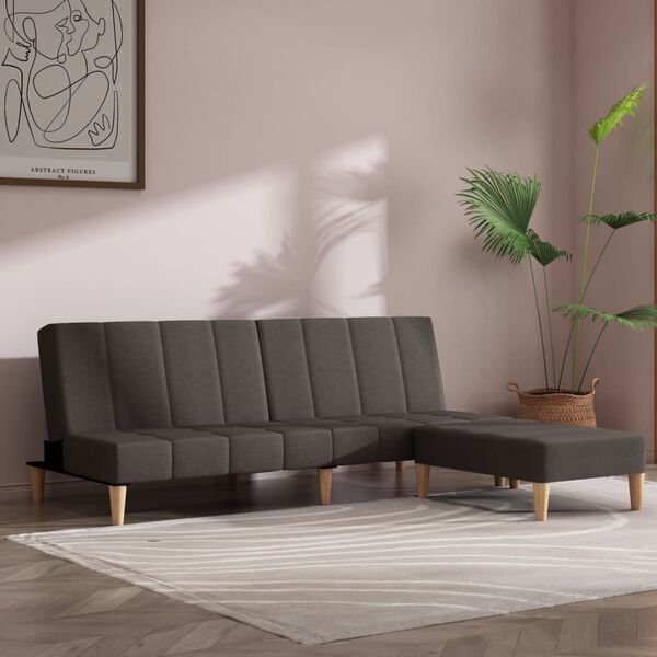 vidaXL Sof&aacute;-cama de 2 lugares com banco tecido cinzento-escuro