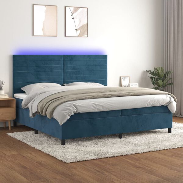vidaXL Cama box spring c/ colch&atilde;o/LED 200x200 cm veludo azul-escuro