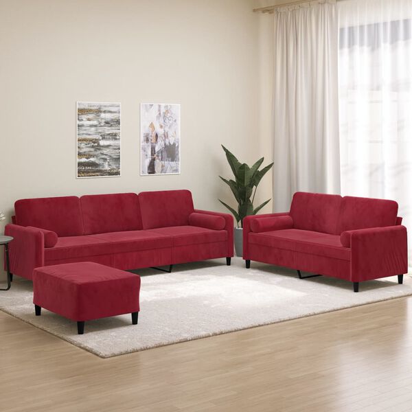 vidaXL 3pcs conj. sof&aacute;s c/ almofadas/almofad&otilde;es veludo vermelho tinto