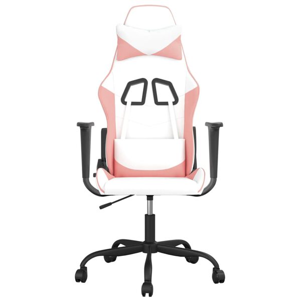 vidaXL Cadeira gaming massagens couro artificial branco e rosa