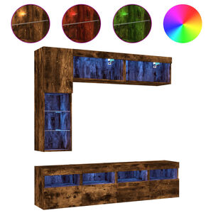 vidaXL 7 pcs conj. m&oacute;veis de parede p/ TV c/ luzes LED carvalho fumado