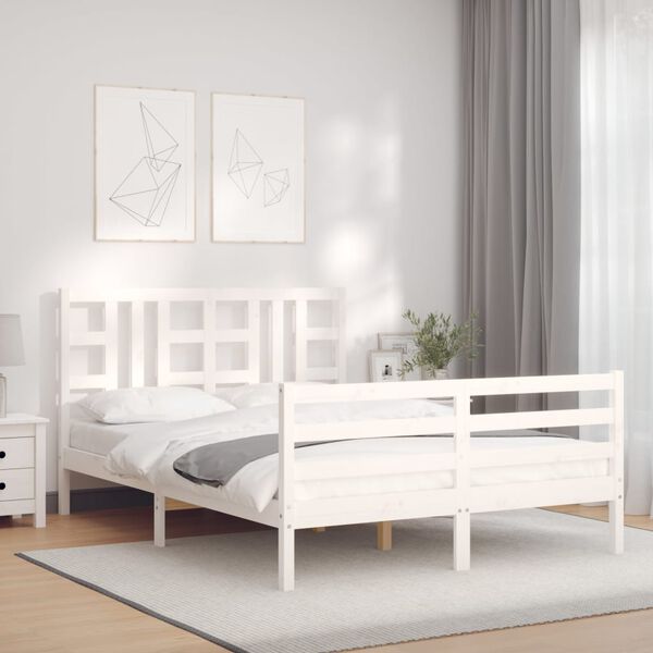 vidaXL Estrutura de cama King Size com cabeceira madeira maci&ccedil;a branco
