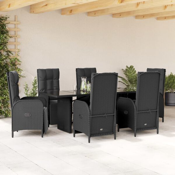vidaXL 7 pcs conjunto de jantar p/ jardim c/ almofad&otilde;es vime PE preto
