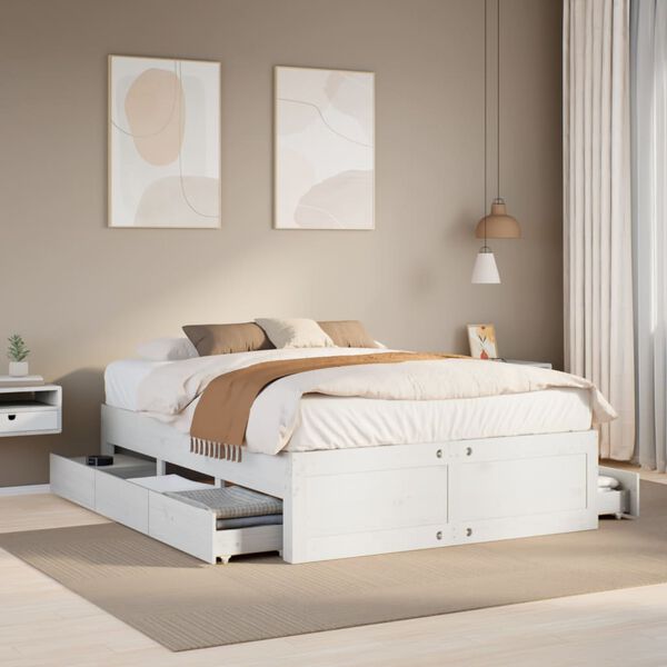 vidaXL Cama sem colch&atilde;o com gavetas 150x200 cm pinho maci&ccedil;o branco