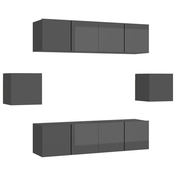 vidaXL 6 pcs conjunto de m&oacute;veis de TV contraplacado cinzento brilhante