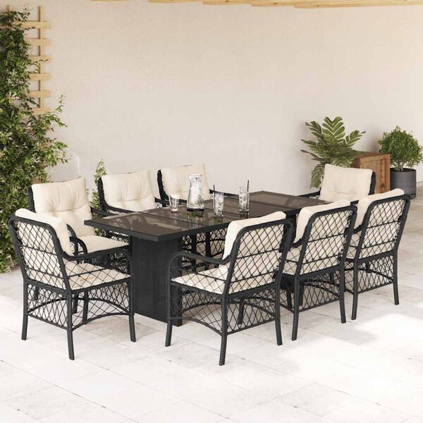 vidaXL 9 pcs conjunto de jantar p/ jardim c/ almofad&otilde;es vime PE preto