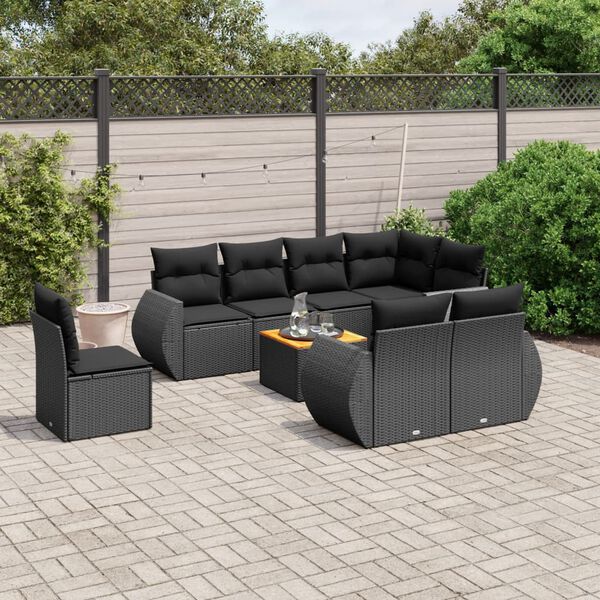 vidaXL 9 pcs conjunto de sof&aacute;s p/ jardim c/ almofad&otilde;es vime PE preto