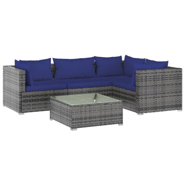 vidaXL 5 pcs conjunto lounge de jardim c/ almofad&otilde;es vime PE cinzento