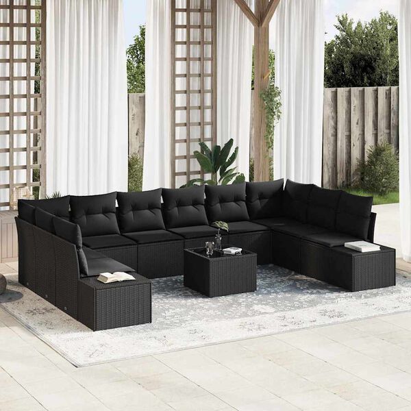 vidaXL Conjunto de Sof&aacute; de Jardim com almofada 11 pcs Preto vime PE