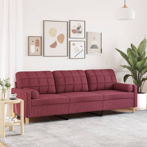 vidaXL Sof&aacute; 3 lug. + almofadas decorativas 210cm tecido vermelho tinto