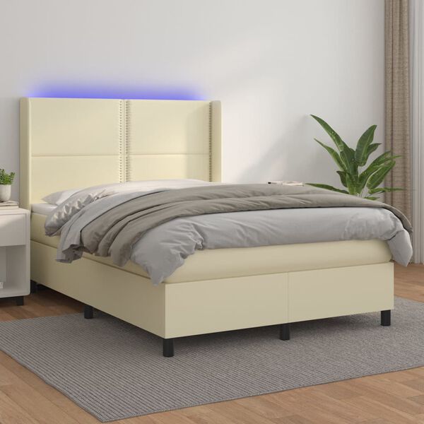 vidaXL Cama box spring c/ colch&atilde;o/LED 140x190cm couro artificial creme