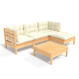 vidaXL 5 pcs conjunto lounge jardim c/ almofad&otilde;es cor creme pinho