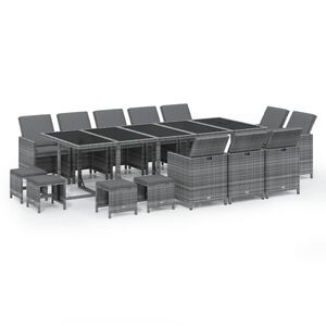 vidaXL 15 pcs conjunto jantar p/ jardim c/ almofad&otilde;es vime PE cinzento
