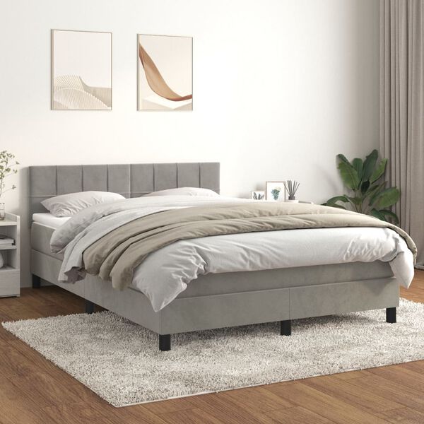 vidaXL Cama com molas/colch&atilde;o 140x190 cm veludo cinzento-claro