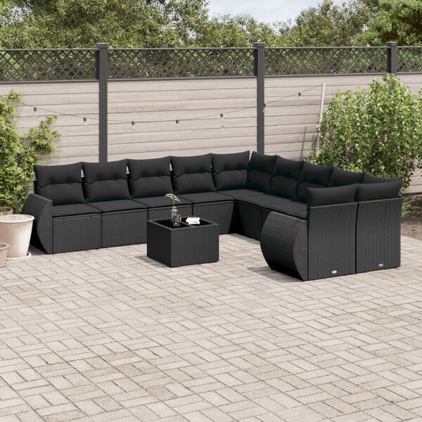 vidaXL 11 pcs conjunto sofás de jardim c/ almofadões vime PE preto