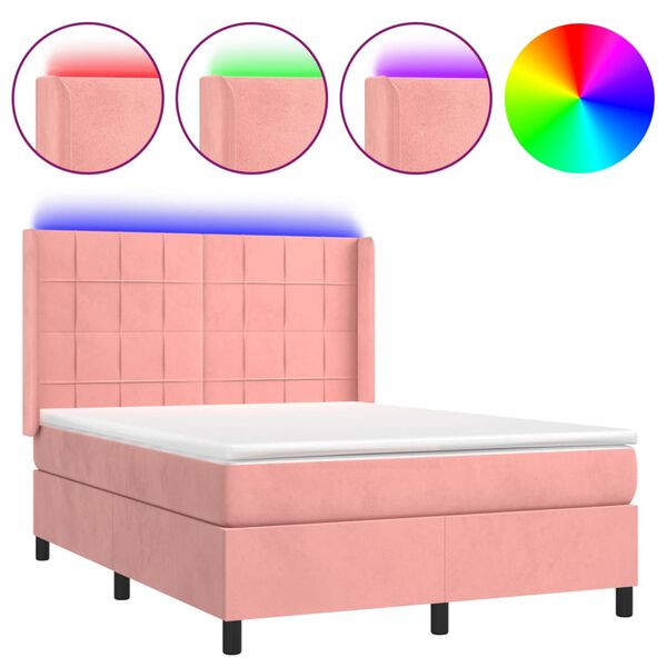 vidaXL Cama box spring c/ colch&atilde;o/LED 140x190 cm veludo rosa