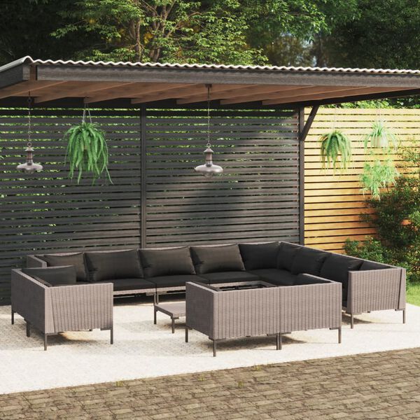 vidaXL 13 pcs conj. lounge jardim c/ almofad&otilde;es vime PE cinza-escuro