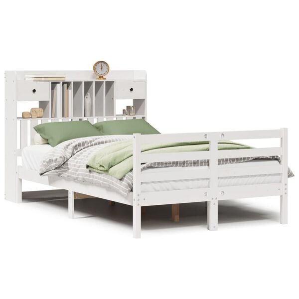 vidaXL Cama com estante sem colchão 135x190 cm pinho maciço branco