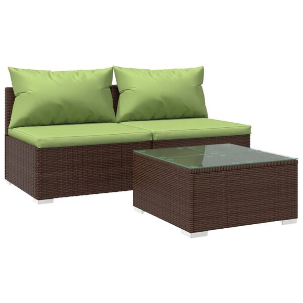 vidaXL 3 pcs conjunto lounge jardim c/ almofad&otilde;es vime PE castanho