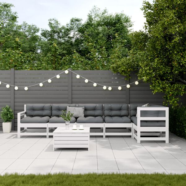 vidaXL 7 pcs conj. lounge de jardim c/ almofad&otilde;es pinho maci&ccedil;o branco