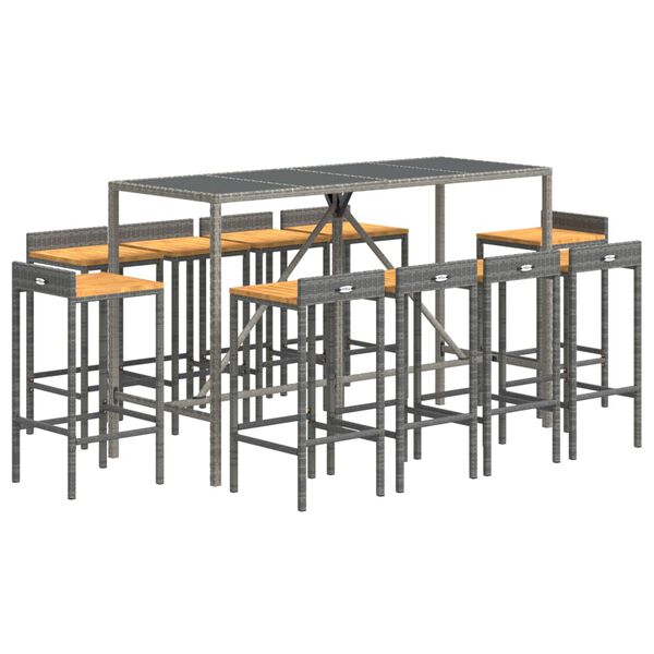 vidaXL 11 pcs conjunto de bar p/ jardim vime PE/acácia maciça cinzento