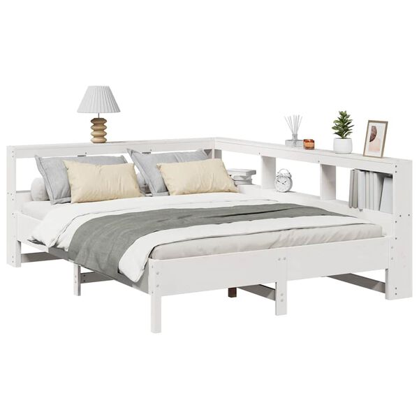 vidaXL Cama com estante sem colch&atilde;o 160x200 cm pinho maci&ccedil;o branco