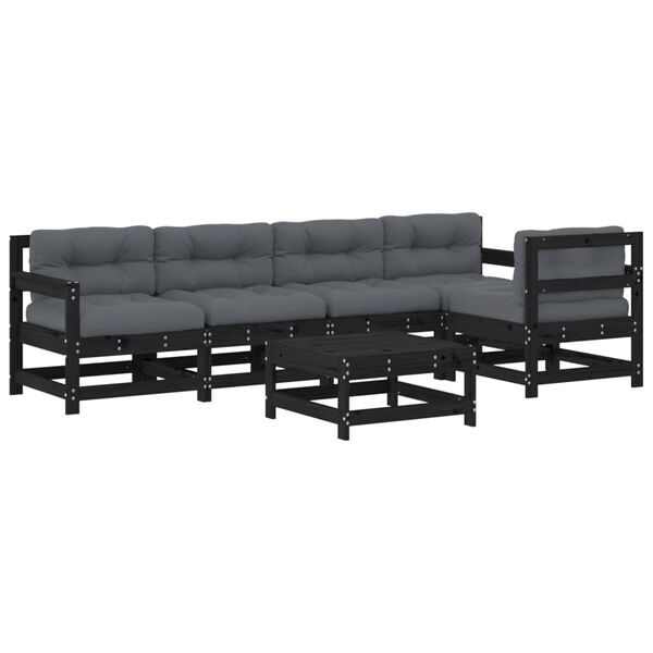 vidaXL 6pcs conjunto lounge jardim c/ almofadões madeira maciça preto