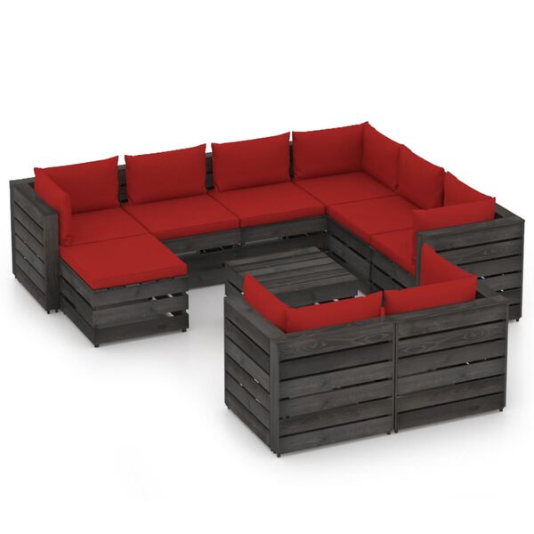 vidaXL 10pcs conj. lounge jardim + almofad&otilde;es madeira impreg. cinzento