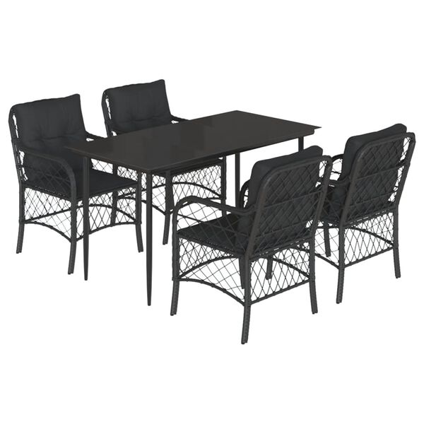 vidaXL 5 pcs conjunto de jantar p/ jardim c/ almofad&otilde;es vime PE preto