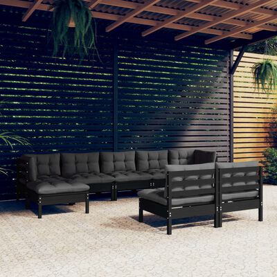 vidaXL 9 pcs conjunto lounge de jardim c/ almofadões pinho preto