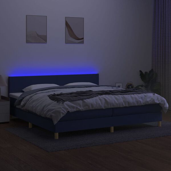 vidaXL Cama box spring c/ colch&atilde;o e LED 200x200 cm tecido azul