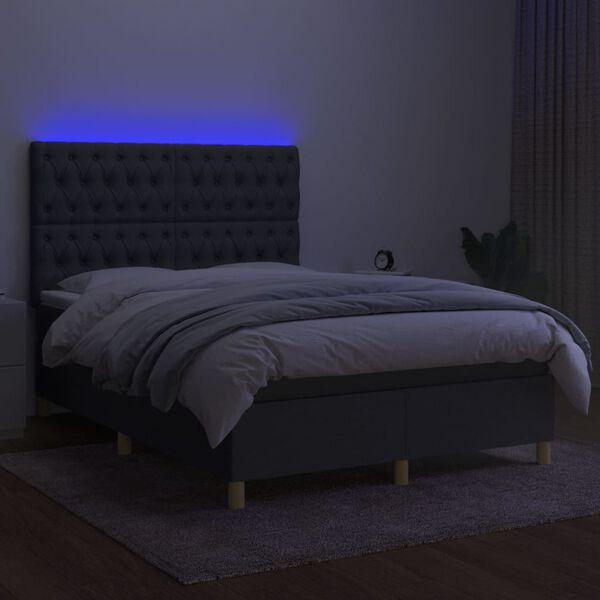 vidaXL Cama box spring c/ colch&atilde;o e LED 140x200 cm tecido cinza-escuro