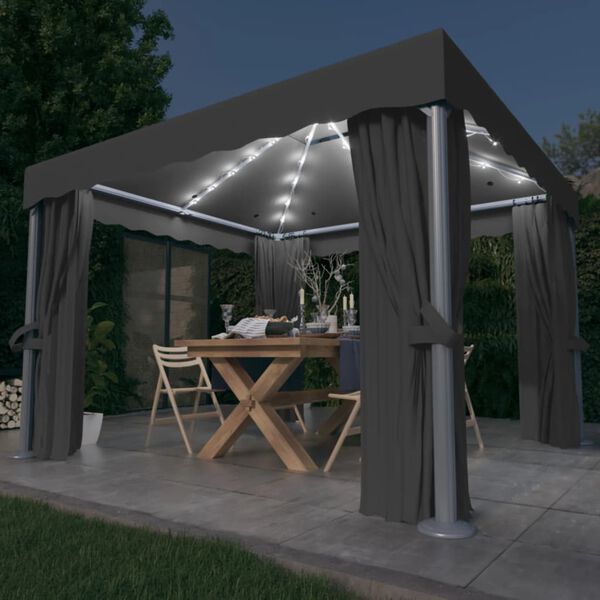 vidaXL Gazebo com cortinas e cordões de luzes LED 3x3 m antracite