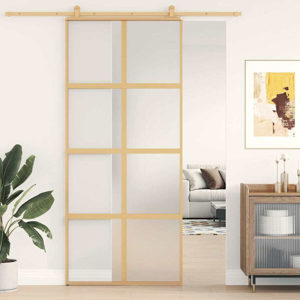 vidaXL Porta deslizante 90x205 cm vidro ESG fosco/alum&iacute;nio dourado