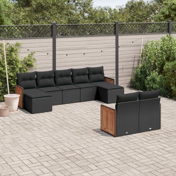 vidaXL 9 pcs conjunto de sof&aacute;s p/ jardim c/ almofad&otilde;es vime PE preto