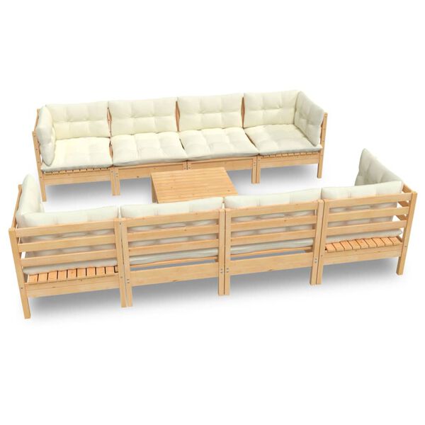 vidaXL 9 pcs conjunto lounge jardim c/ almofad&otilde;es creme pinho maci&ccedil;o