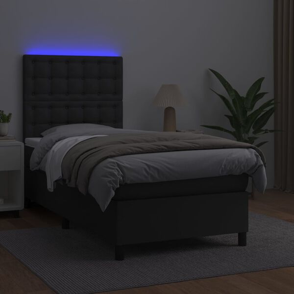 vidaXL Cama box spring c/ colchão/LED 90x200 cm couro artificial preto