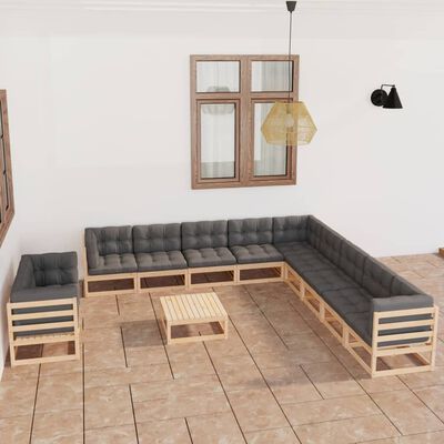 vidaXL 12 pcs conjunto lounge de jardim com almofadões pinho maciço