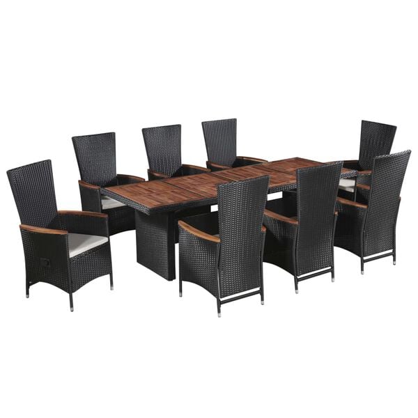 vidaXL 9 pcs conjunto jantar exterior com almofadões vime PE preto