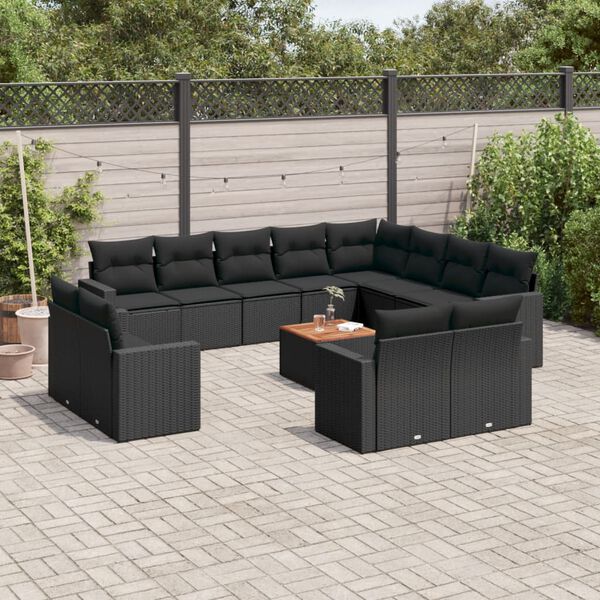 vidaXL 13 pcs conjunto de sof&aacute;s de jardim com almofad&otilde;es vime PE preto