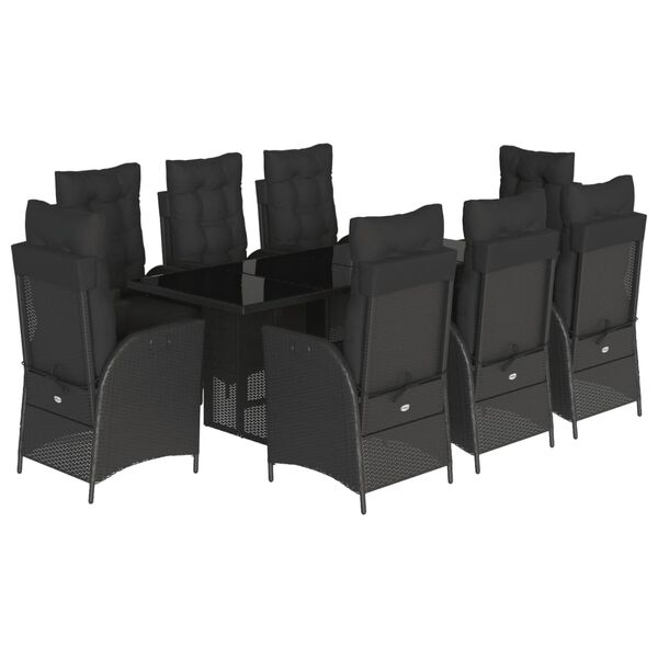 vidaXL 9 pcs conjunto de jantar p/ jardim c/ almofad&otilde;es vime PE preto