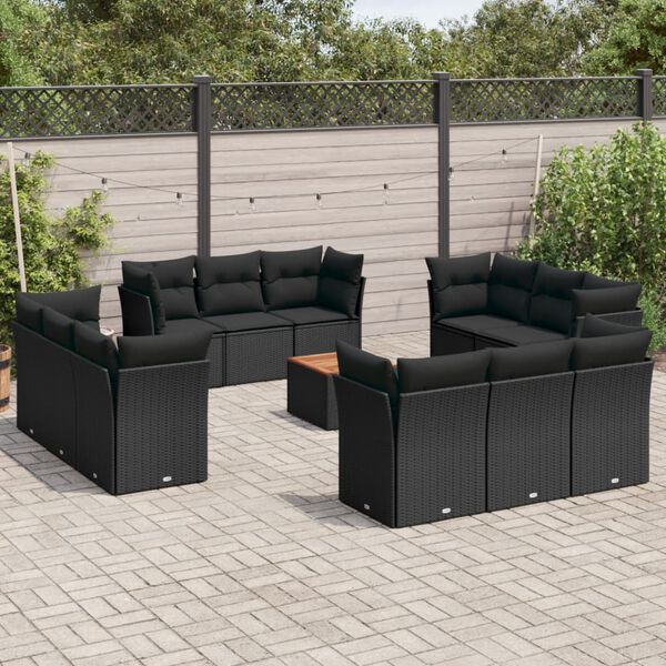 vidaXL 13 pcs conjunto de sof&aacute;s de jardim com almofad&otilde;es vime PE preto